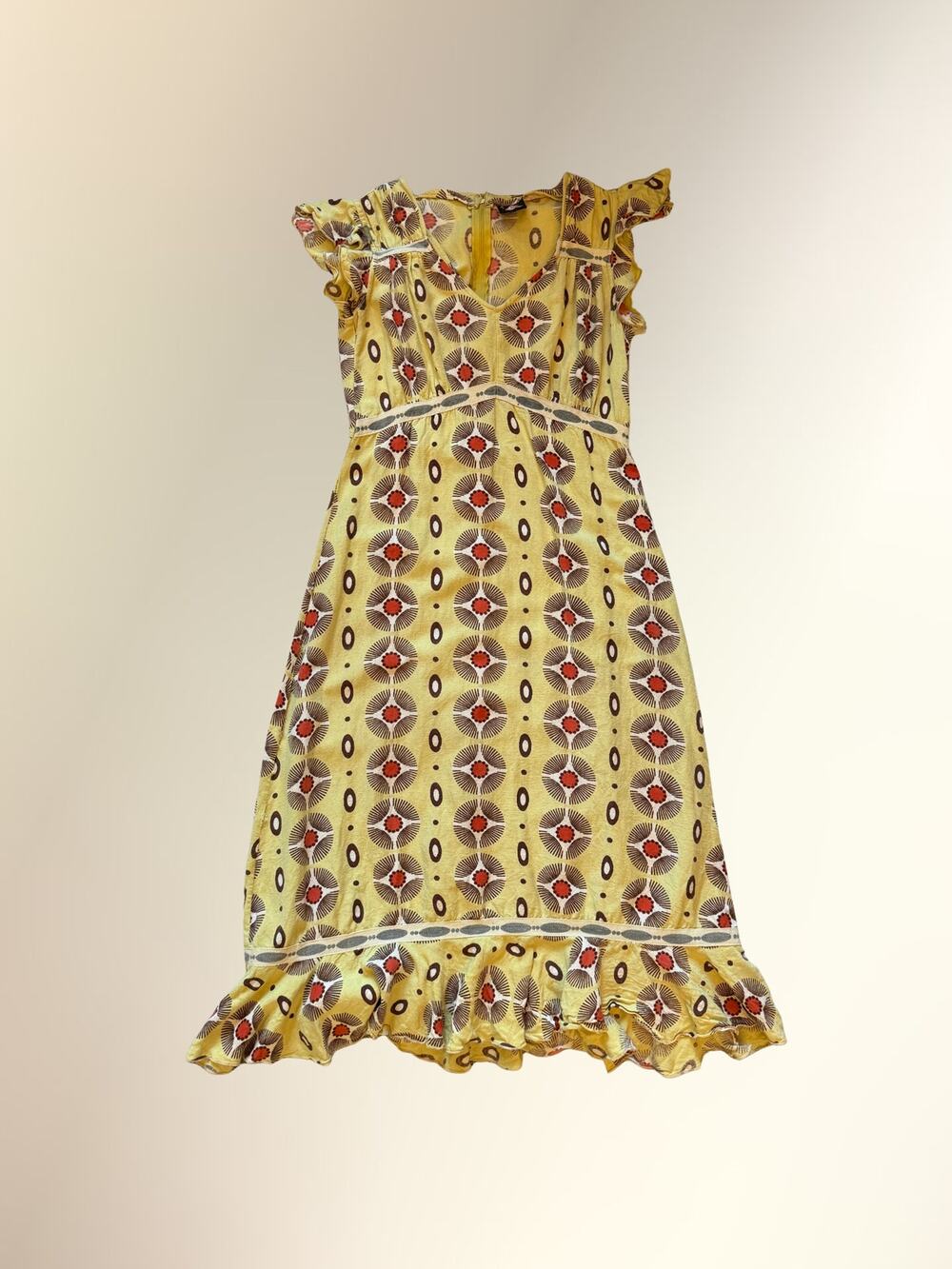 Boho Bindu Yellow Floral Medallion Ruffle Hem Flutter Sleeve Dress